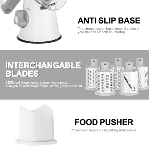 Rotary Cheese Grater Hand Crank Cheese Shredder for Fresh Cheese (5 BLADES / White)