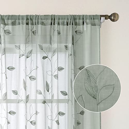 Sage Green Sheer Curtains Leaf Embroidered (52"W x 96"L (Pack of 2) / 1-sage Green)