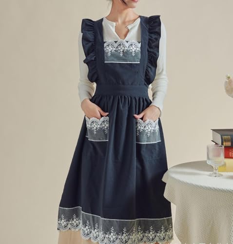 Vintage Aprons for Women with Pockets Cute Lace Ruffle Adjustable Apron for Cooking Kitchen Baking Gardening (Navy Blue)