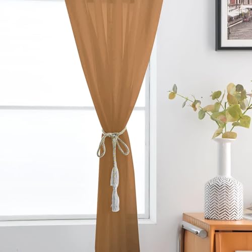 Basic Rod Pocket Sheer Voile Window Curtain Panels Light Brown 1 Pair 2 Panels 52 Width 18 Inch Long for Kitchen Bedroom Children Living Room Yard（Light Brown (Light Brown / 52"W x 18"L (Pack of 2))