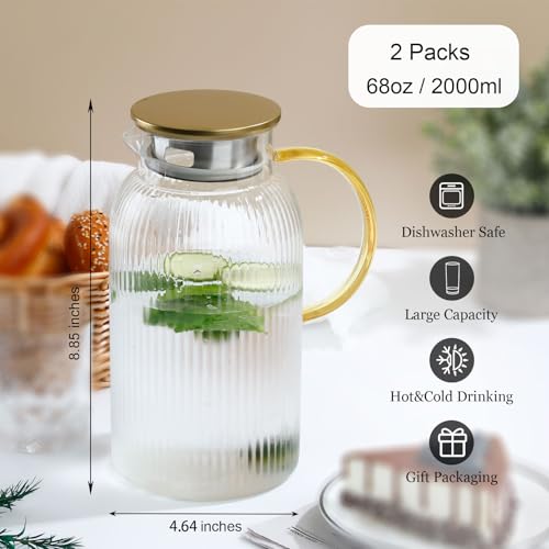 2 Pack Glass Pitcher with Lid (Vertical Striped 68 oz)