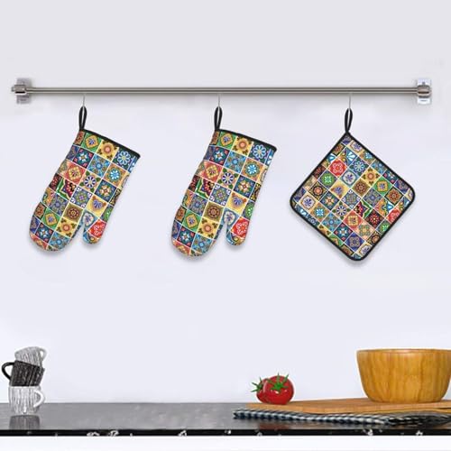 Mexican Talavera Tile Oven Mitts and Pot Holders Sets of 3 (Mexican)