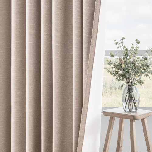 132 Inch Linen Blackout Curtains 2 Panels for Bedroom Living Room Darkening Thermal Insulated 100% Black Out Linen Drapes Back Tab Large Window Curtains Beige Natural (Natural Beige / 52"W x 132"L (Pack of 2))