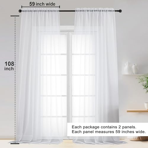 White Sheer Curtains 108 Inch Long 2 Panels for Living Room 59" Wide (White / 59"W x 108"L (Pack of 2))