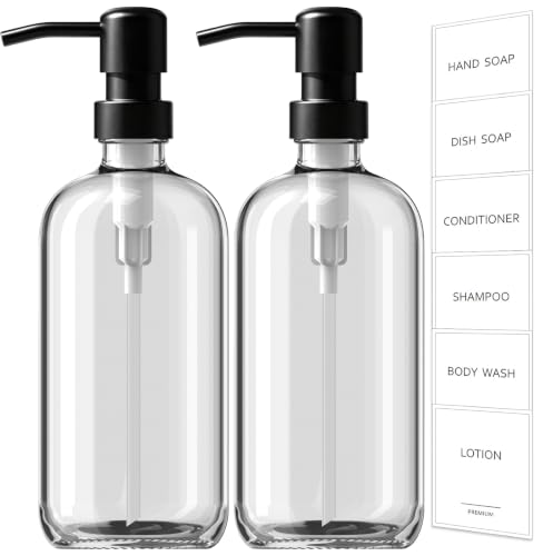 Glass Soap Dispenser with Pump (Clear Bottle + Black Pump / 2 Pack)