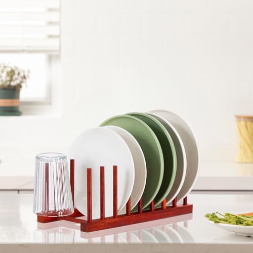 2 Packs Rosewood Wooden Dish Drying Rack Plate Organizer for Cabinet (Rosewood 8 Slots 2pcs)