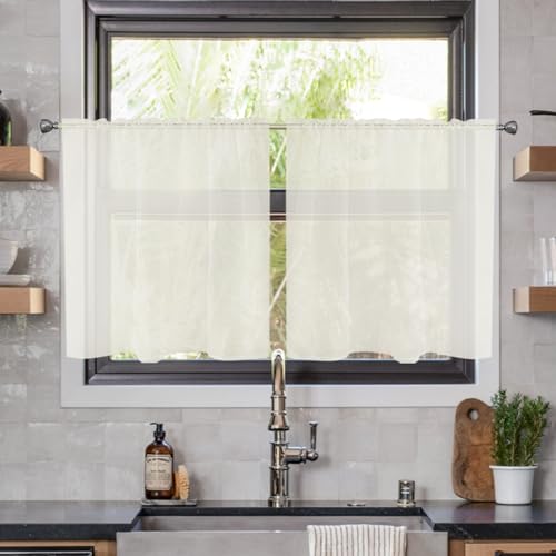 Solid Sheer Rod Pocket Curtain Voile Draperies 2 Panels White Beige Black Ivory Coffee 26 Inch Width 24 Inch Long 1 Pair for Kitchen Bedroom Children Living Room Yard (Ivory / 26"W x 24"L (Pack of 2))
