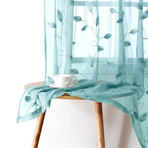 Turquoise Sheer Curtains Leaf Embroidered (52"W x 96"L (Pack of 2) / 5-turquoise)