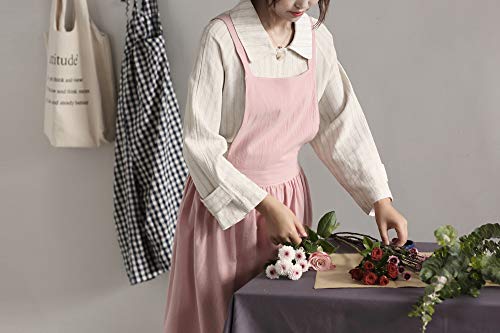 Women Girls Vintage Apron Adjustable Gardening Works Cross Back Cotton (Pink / One Size)
