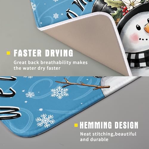 Christmas Snowman Dish Drying Mat for Kitchen Counter 16x18 Blue White Snowflake Welcome Winter Holiday Absorbent Reversible Microfiber Drying Mats Kitchen Countertop Protector Dishes Drainer Rack Pad (16" x 18")