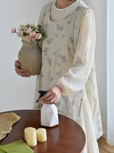 Japanese Cotton Linen Cross Back Work Apron for Women with Pockets Pinafore Dress Smock (02-flower)