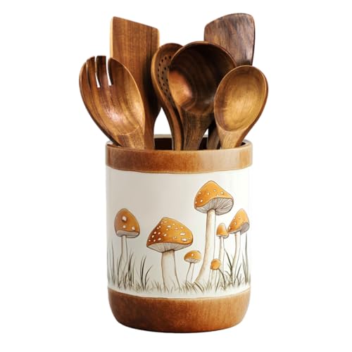 Brown Ceramic Mushroom Pattern Kitchen Utensil Holder (Brown)