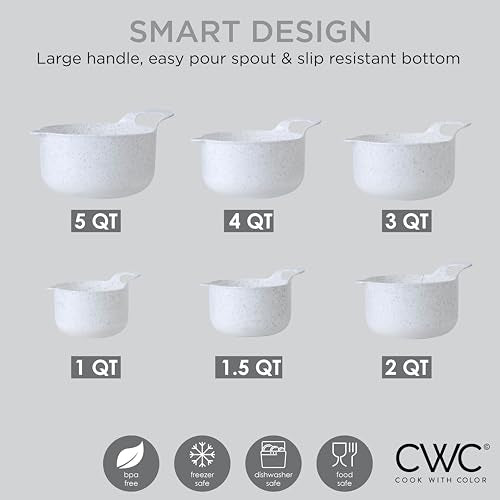Nesting Plastic Mixing Bowl Set with Pour Spouts and Handles (Speckled White / 6 Piece Non-Slip)