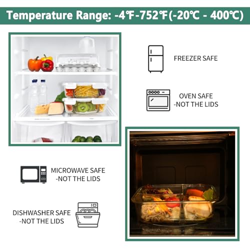 8 Pack 36oz Borosilicate Glass Meal Prep Containers 3 Compartment with Lids (Deep White)