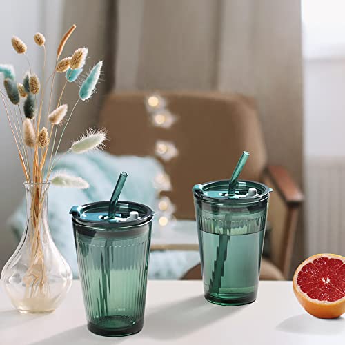 Glass Tumbler with Straw and Lid (Green-1)
