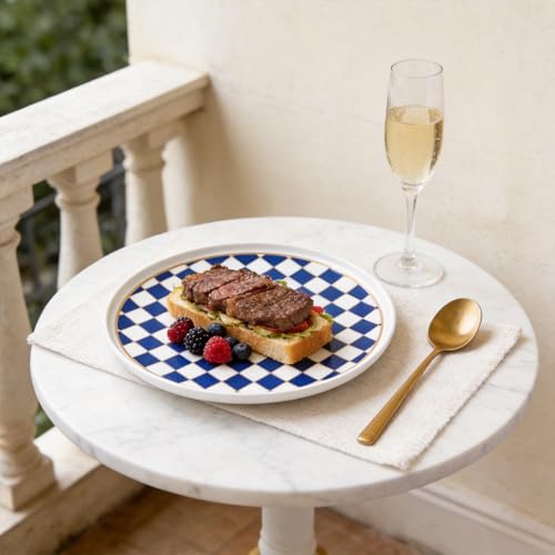 Ceramic Checkered Serving Plate with Gold Accent (Blue)