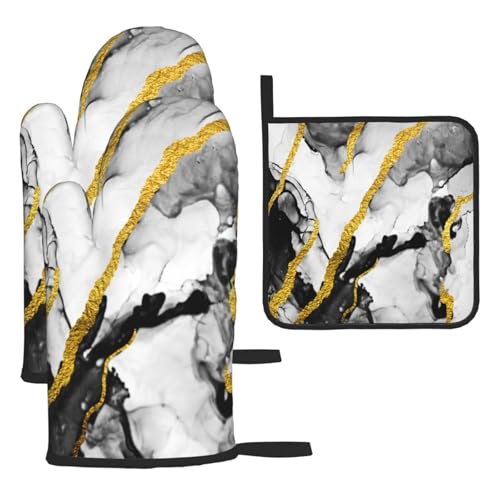 Black White Marble with Gold Stripes Oven Mitts and Pot Holders Set of 3 (Black-gold-marble)