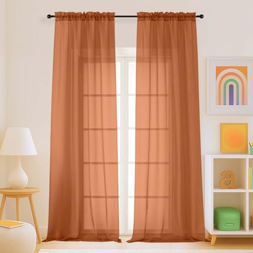 Orange Sheer Curtains for Window 96 Inches Long 2 Panels Set (42"W x 96"L (Pack of 2) / Orange)