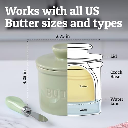 Butter Crock with Lid for Countertop with Spreader Knife and Water Line (Sage / Regular)