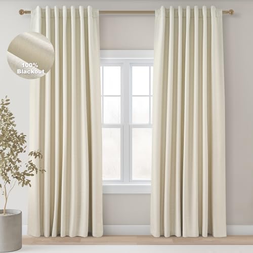 Extra Long Total Blackout Linen Ceiling Curtains 108 Inches Long for Large Window Track System (Cream / 52"W x 108"L (Pack of 2))
