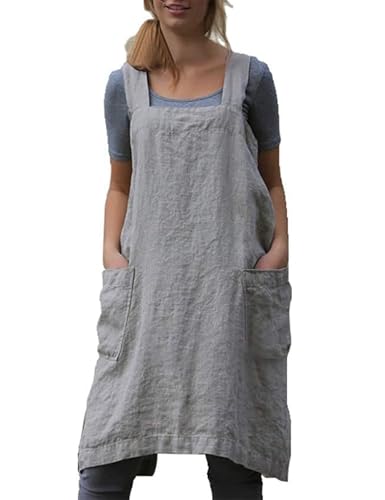 Women's Cotton Cross Back Pinafore with Big Pockets Practical Aprons for Gardening Works (X-Large / Grey)