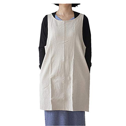 Soft Cotton Linen Apron Solid Color Halter Cross Bandage Aprons Japanese Style X Shape Double Pockets Kitchen Cooking Clothes Gift for Women Chef Housewarming (Beige)