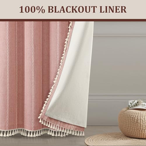 Coral 100% Boho Blackout Curtains 84 Inch 2 Panels with Tassels (Coral / 52"W x 84"L (Pack of 2))
