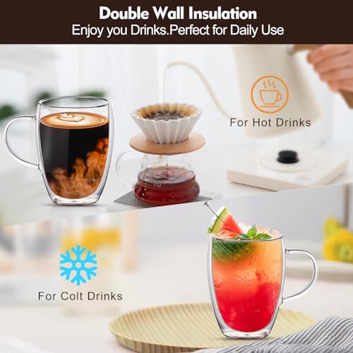 4 Pack 12oz Double Walled Glass Coffee Mugs with Bamboo Lid