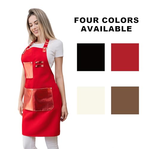 Barista Tools Apron for Women Hairstylists Servers Waterproof Canvas Kitchen Apron with 3 Pockets for Cooking Gardening (Red)