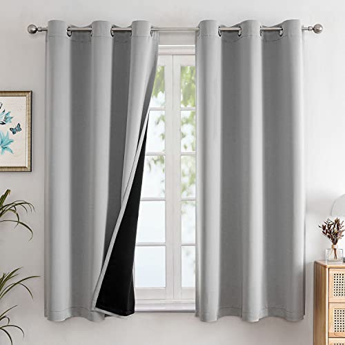 100% Blackout Curtains for Bedroom 63 Inch Long with Black Liner (38"W x 63"L (Pack of 2) / Light Grey)