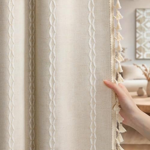 Boho 100% Blackout Curtains 63 Inch 2 Panels Linen Blend Beige (Beige / 52"W x 63"L (Pack of 2))