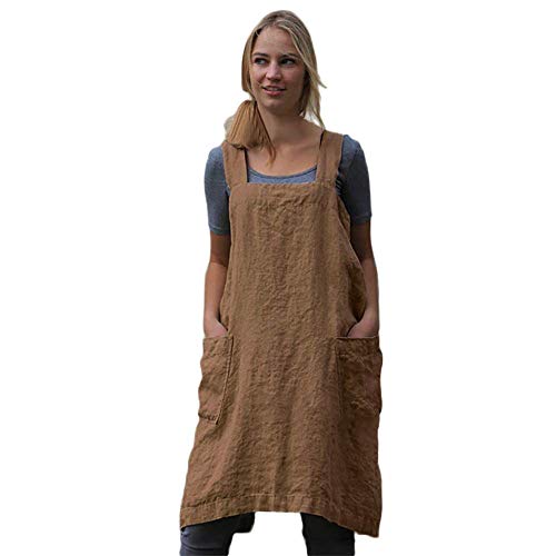 Women’s Pinafore Square Apron Baking Cooking Gardening Works Cross Back Cotton (Medium / Brown)