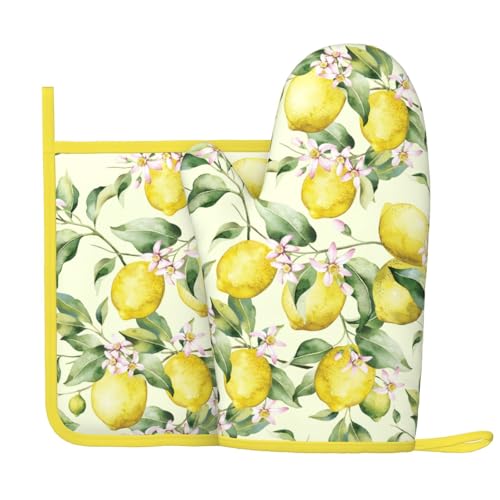 Lemon Silicone Oven Mitts Pan Mats Set of 2 (Black9)