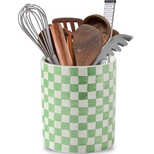 7" Ceramic Hand painted Utensil Holder (Green)