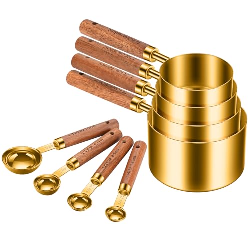 Wooden Handle Measuring Cups & Spoons Set 8 (Gold-wood handle)