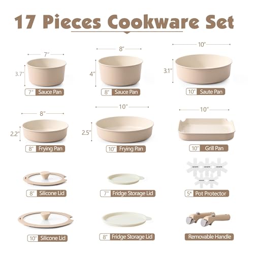 17 Piece Ceramic Detachable Handle Pots and Pans Set Almond Beige (Almond Beige / 17 Piece)