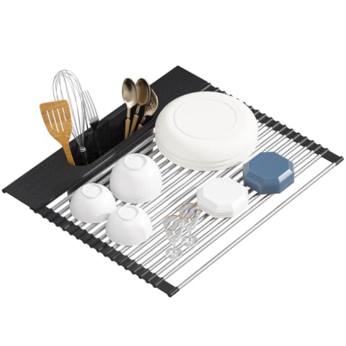 Roll Up Dish Drying Rack Over Sink (Black（17.5" X 15.2"）)