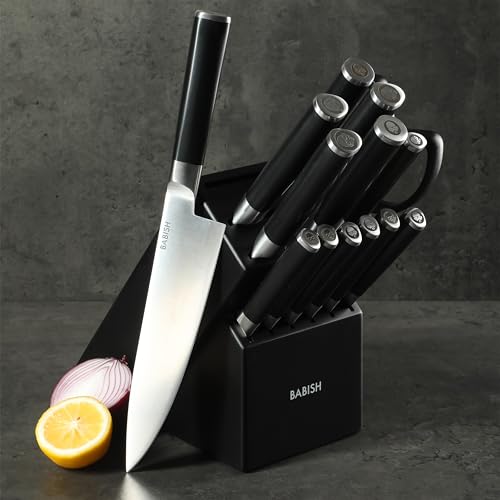 High Carbon 1.4116 German Steel 15 Piece Full Tang Forged Cutlery Kitchen Knife Block Set (Stainless Blade/Black ABS Handle / 15-Piece Set w/ Wood Block)