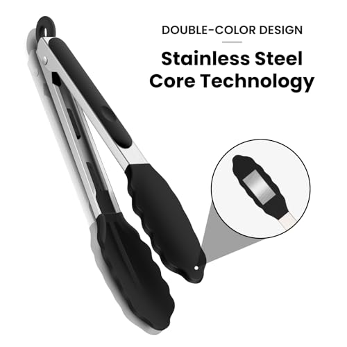 3 Pack Kitchen Tongs for Cooking with Silicone Tip (9 inch / Black 3Pcs)