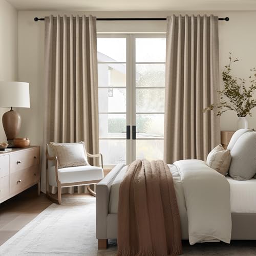 Extra Long Total Blackout Linen Curtains 108 Inches Long for Living Room Large Window with Hooks Rings (Dark Flax / 52"W x 108"L (Pack of 2))