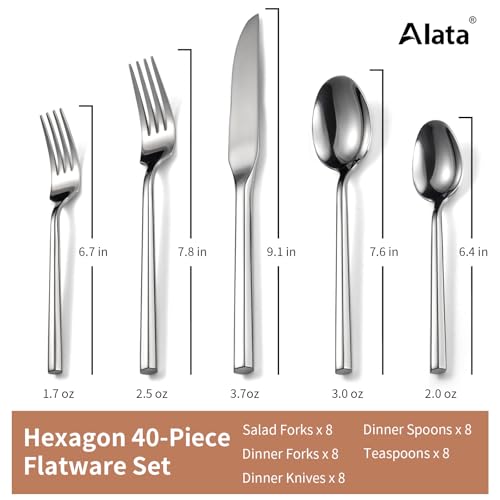 Hexagon 40 Piece Forged Silverware Set Stainless Steel Flatware Set Cutlery Set (Silver / 40 pieces for 8)