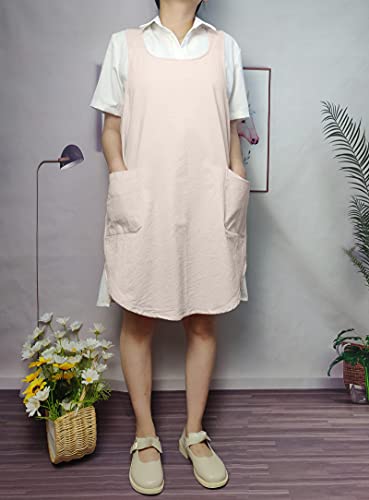 Cotton Cross Back Aprons Solid Color Cooking Kitchen Garden Smock for Women Girls with Pockets (Beige / 37W x 32L)