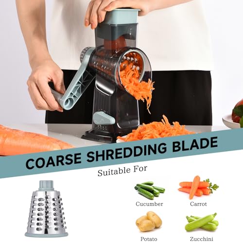 Rotary Cheese Grater with Handle Kitchen Shredder Slicer Grater Slicer Ice Shaver Cheese Vegetable Nuts Potato Zucchini Chocolate 3 Interchangeable Blades (9.06"L x 4.33"W x 9.07"H / Blue)