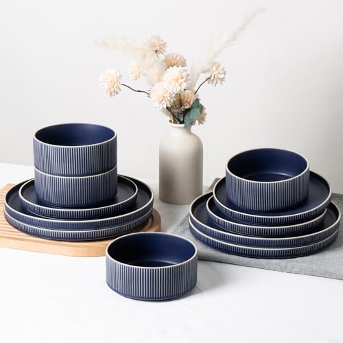 Stoneware Dinnerware Sets for 4 (Matte Blue / 4-Set(12pcs))