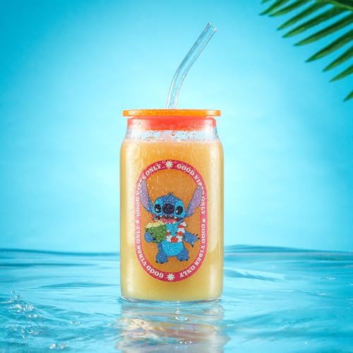Disney Stitch Island Vibes Glass Tumblers with Lids and Straws (Stitch)