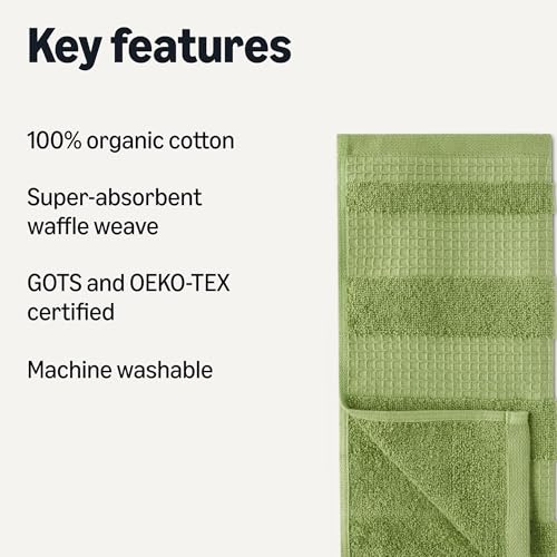 Organic Cotton Waffle Kitchen Dish Cloths (2 Brown, 2 Green, 2 Navy / 12 x 12 inches)