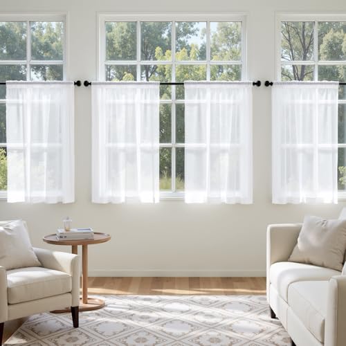 4 Panels White Short Sheer Curtains 24 Inch Length 42 x 24 Inches (42"W x 24"L (Pack of 4) / White)