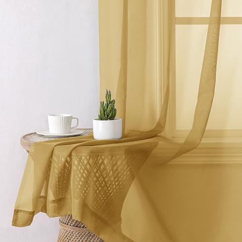 Gold Sheer Curtain 90 Inches Long 2 Panels Set (42"W x 90"L (Pack of 2) / Gold)