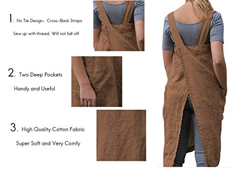 Women’s Pinafore Square Apron Baking Cooking Gardening Works Cross Back Cotton (X-Large / Brown)