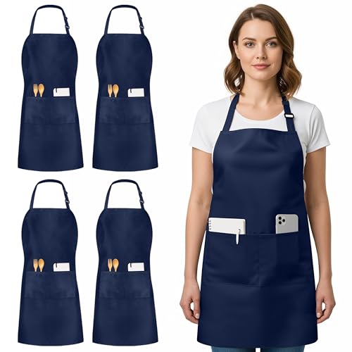Bib Aprons 4 Pack Adjustable With 2 Pockets Navy (4 Pack / Navy)